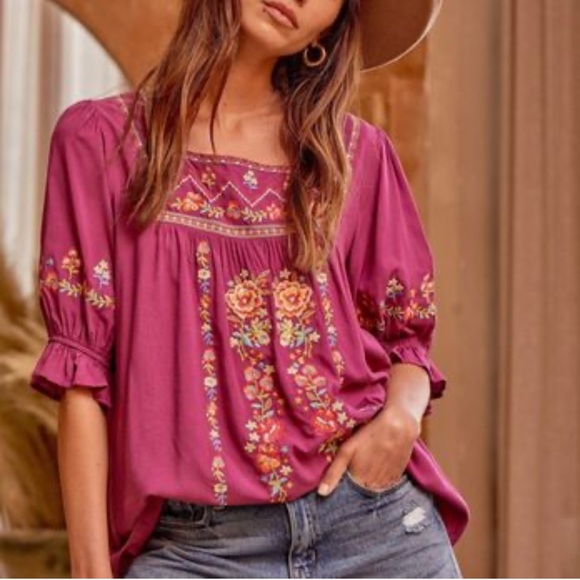 Savanna Jane Tops - Savanna Jane Shirt Embroidery Floral Purple Women's Top Festival Boho Size Med
